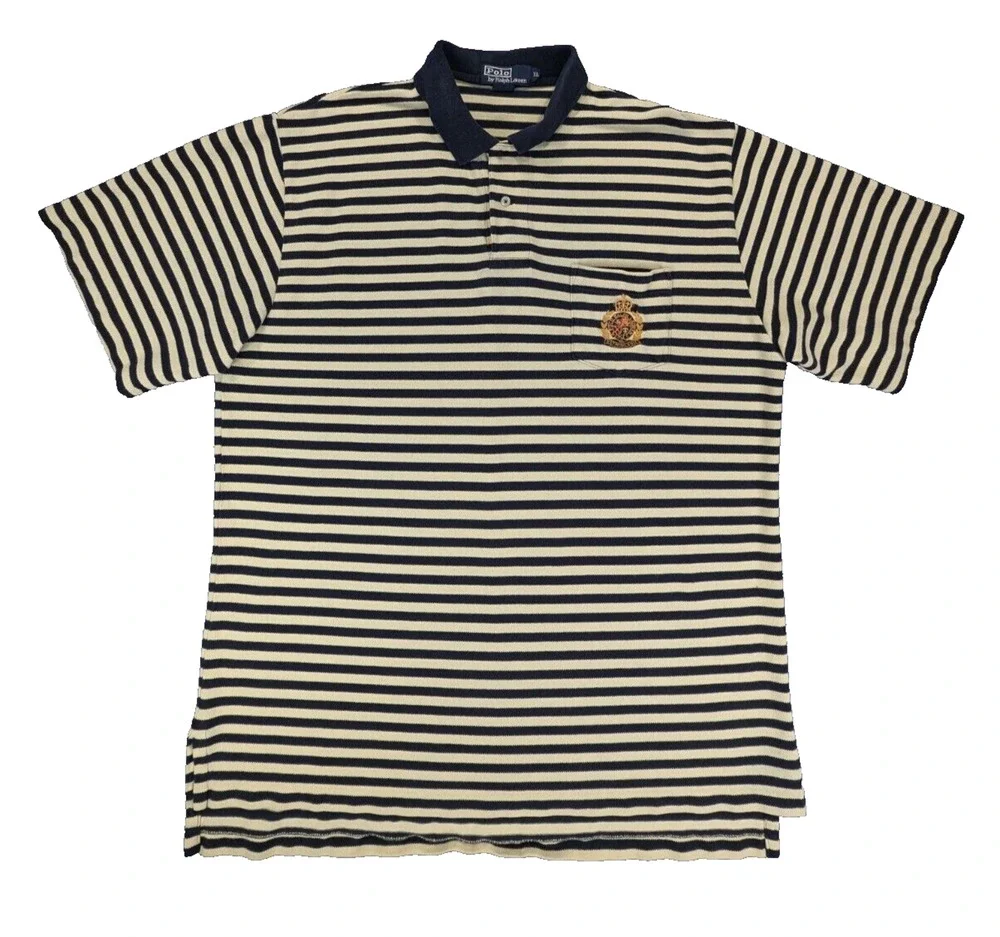 Polo Ralph Lauren Polo Shirt Mens XL Yellow Blue Striped VTG Crown Patch